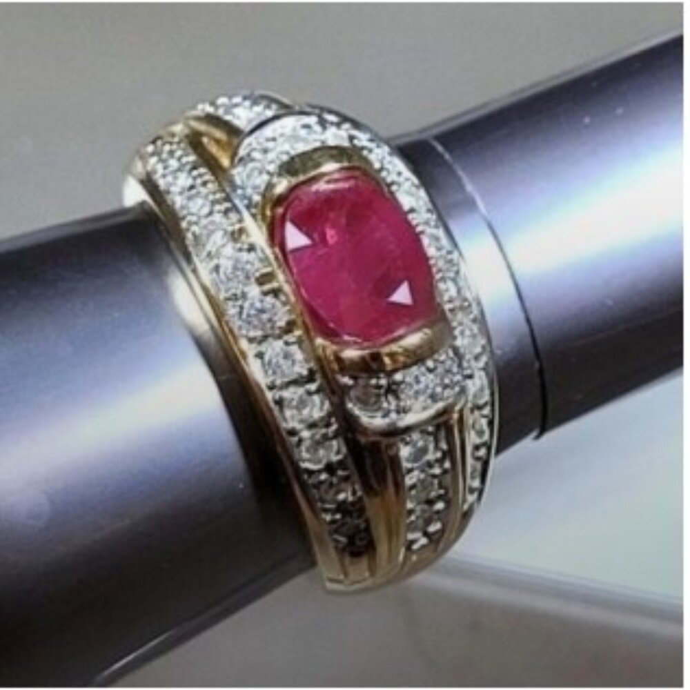 Vintage 14K Gold 2.11ctw Magenta Ruby & Diamond 9.1gr Statement Ring - Size 9
